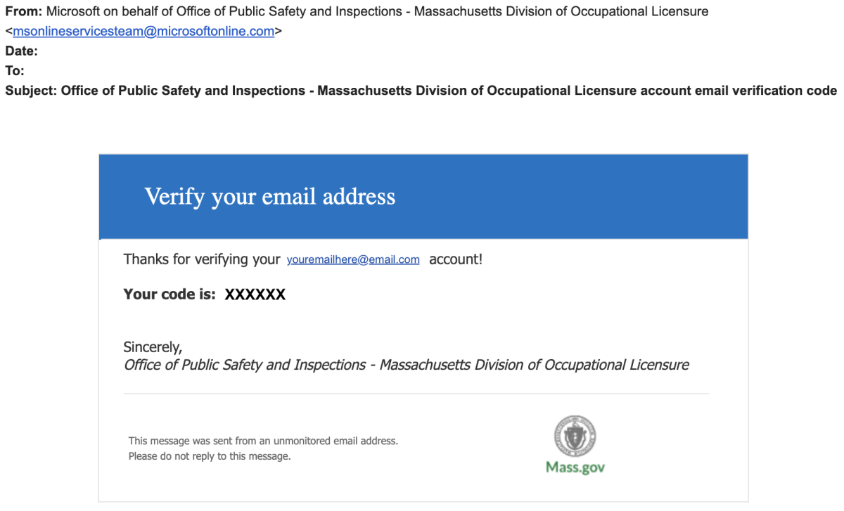Mass hoisting license renewal through Mass.gov - email with verification code